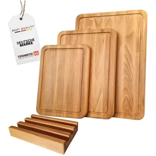 Premium Schneidebrett Set Buche 3-teilig mit Halter Saftrille Holz geölt