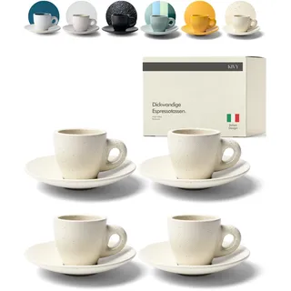 KIVY Espresso Tassen Set [4x 75ml] - Espressotassen mit Untertassen - Handgefertigte Espresso Tassen dickwandig - Italienische Espressotassen Steingut Dickwandig - Beige