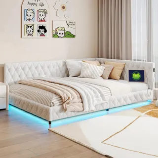 Polsterbett Schlafsofa 140x200 mit LED und USB-Anschluss, Daybett Jugendbett 140x200 mit Lattenrost, Kinderbett Tagesbett Sofabett Gästebett, Bettgestell mit aus Massivholz und Samt,Ohne Matratze