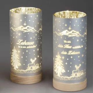 2er Set LED Tischlampen Zuhause mit Spruch H. 20cm auf Holzfuß Formano