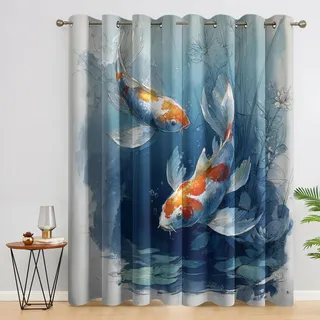 Generisch Japanisch Koi Fisch Vorhänge Blickdicht Gardinen mit Ösen, Orientalisch Chinesisch Deko Muster Wohnzimmer Schlafzimmer Fenster Verdunklungsvorhänge, H 166 x B 75 cm 2er Set w4E2-28