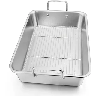 Leonyo Großer Truthahnbräter mit Rost, 35,6 cm, Edelstahl-Bräter mit Drahtgitter, antihaftbeschichtet, Backformen zum Kochen von Schinken, Huhn, Kuchen, Lasagne, Auflauf