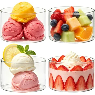 ZoneYan Dessertgläser 4 Stück Set, 400 ml Dessertschalen glas, Transparente Eisbecher Glas, Eisschalen Desserttassen Glas für Eiscreme, Tiramisu, Pudding, Joghurt, Obst (transparent-c, 400ml)