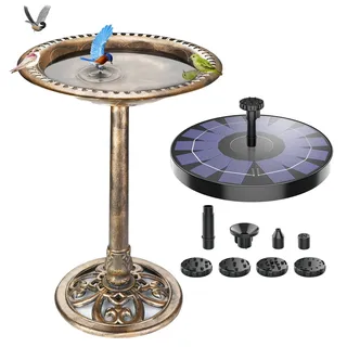 AMZtime Vogeltränke Solar Winterfest Vogeltränke Stehend mit 2,5W Solar Springbrunnen für Außen, Vogeltränke Garten Tränke Bad für Wildvögel, Wassertränke für Vögel,Vogeltränke Garten(Braun)