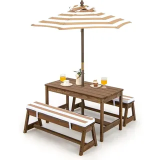 Kinder Picknicktisch Mit Sonnenschirm, Bänke & Kissen, Aus Massivholz, Kindersitzgruppe, Gartenmöbel Für Kleinkinder, Braun - Costway