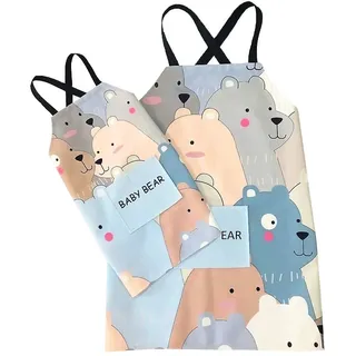 Küchenschürzen Mit Taschen Für Mutter Und Tochter, Schürzen Zum Backen, Grillen Und Gärtnern, Blauer Bär