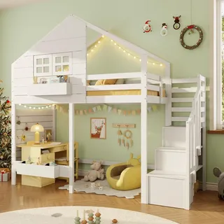 Merax Etagenbett Hochbett 90×200 cm mit Fenster, Kinderbett mit Rausfallschutz und Stauraumtreppe, Jugendbett aus Massivholz, Weiß - Weiß
