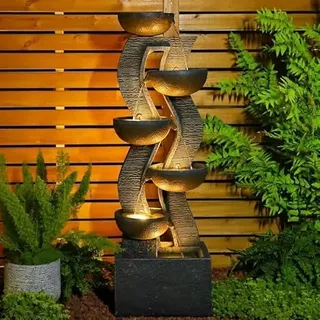 Sunlinua Moderner Krug-Gartenbrunnen und Wasserfall mit LED-Beleuchtung – Kaskadierendes Wasserspiel für Garten, Terrasse oder Veranda, großer freistehender Gartenbrunnen aus Harz, 135,5 cm