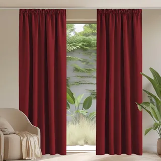 PONY DANCE Blickdichte Vorhänge mit Kräuselband für Schiene 2er Set H 260 x B 140 cm Thermovorhang Hitzeschutz Wohnzimmer Deko Gardinen Wärmeisolierend Blackout Curtains, Rot