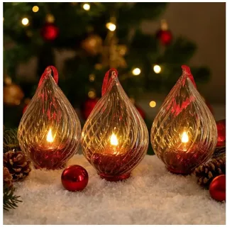 Online-Fuchs LED-Kerze - 3er Set LED Teelichter in einem Glastropfen inklusive Timer (Rot, Blau, Gold und Silber, zum Aufhängen oder Hinstellen), inklusive 6 Stunden-Timerfunktion - Weihnachtsdeko rot