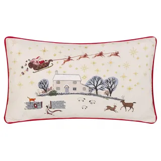 furn. Cotswolds Christmas Polyestergefülltes Kissen (Creme - 30x50cm) | Festlich Saisonal Winterdorf Szene Samt Bestickt Dekoratives Kissen