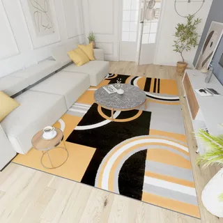 Mazovia Modern Teppich - Kurzflor - Teppich für Wohnzimmer, Schlafzimmer, Esszimmer - ÖKO-TEX Wohnzimmerteppich, Robust und pflegeleicht, Niedrige Florhöhe - Grau Gelb 140 x 200 cm
