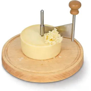 JIANHUA Käsehobel Rund, Runder Holzkäseschliffer, Käse Käseschneider | Käseschaber für Tete de Moine 19.5 cm x 14.3 cm, Käseschneider mit Edelstahlklinge und Holzsockel, für alle Käsesorten