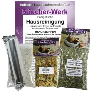 Energetische HAUSREINIGUNG zum RÄUCHERN von Haus + Wohnung 5-TLG Set mit Weihrauch + Myrrhe + SAGE Salbei + Kopalharz + Sweetgrass + Angelika + Räucherkohle + ZUBEHÖR. 81043-WOM