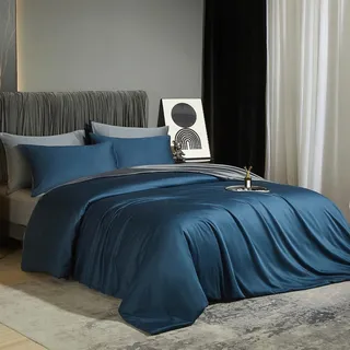 DXHOME Bambus Bettwäsche 135x200cm Petrol Blau Dunkelgrau Uni Einfarbig Glatt Luxus Lyocell Sommerbettwäsche Kühlende Bambusfaser Wende Bettbezug mit Reißverschluss und 1 Kissenbezug 80x80cm