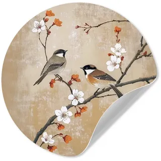 MuchoWow Wandsticker Vögel - Blütenzweig - Orange (1 St), Selbstklebende Runde Vliestapete, Wohnzimmer, 140x140 cm 140 cm x 140 cm x 0.1 cm