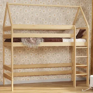 Loft Bed Hausbett Etagenbett Kinder Hochbett Mit Treppe Kinderhochbett Hoch Bett Erwachsene Jugendliche, 80x190 natürlich