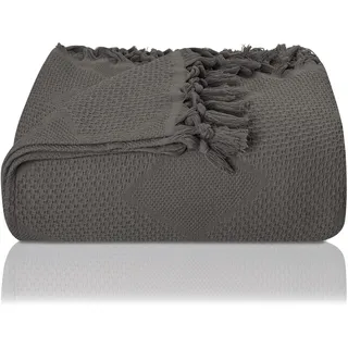LAYNENBURG Premium Tagesdecke mit handgeknüpften Fransen - 100% Baumwolle - 150 x 220 cm - Waffelpique Sommerdecke - Baumwolldecke als Bett-Überwurf, Couch-Überwurf & Sofa-Decke (Anthrazit)