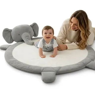 RUGUIES Krabbeldecke Baby Gepolstert und rutschfest (100x100 cm) - Spielmatte und Krabbelunterlage, Weicher Plüsch Waschbar für Kinderzimmer und Sensorische Förderung -Baby Swower. (Elefant)