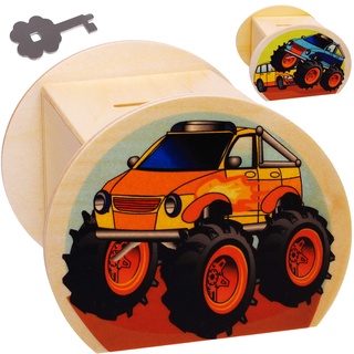 große Holz - Spardose - Monstertruck/Auto Truck - mit Schlüssel & Schloß - stabile Sparbüchse - 11,5 cm - Sparschwein - für Kinder & Erwachsene - Kinderspar..