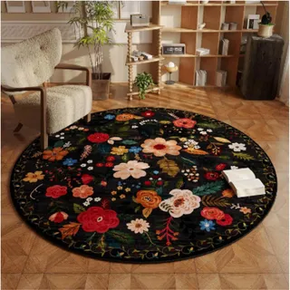 Highdi Teppich Rund 40/50/80/100/120cm Durchmesser Vintage Blumen Teppich Flauschig Weich Teppiche Wohnzimmer rutschfest Runder Teppich Modern Teppich für Schlafzimmer (80cm,Schwarz)