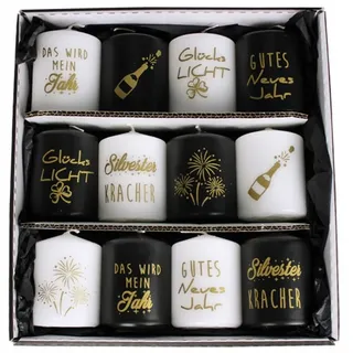 INNA-Glas Stumpenkerze Silvester Kerzen OVILA, 12 Stück, schwarz-weiß-gold, 8 cm, Ø6 cm bunt