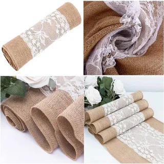 Famanu Jute Tischläufer mit weißer Spitze - Vintage Dekoration 30 x 275 cm