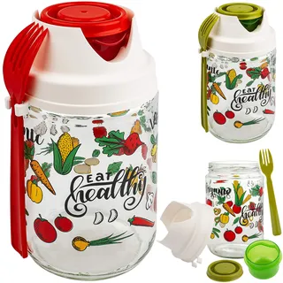 alles-meine.de GmbH 2 Stück Glas - Salatbecher/Joghurtbecher/Müslibecher - to go - mit Gabel + Deckel + mit Einsatz - 600 ml - BPA frei - Erwachsene & Kinder - Joghurt Müsl..