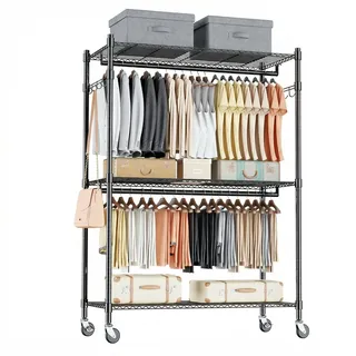Himimi Doppelter Kleiderständer/Kleiderstange mit Höhenverstellbaren Ablage,Kleiderständer auf Rollen, Stabiles Metall,Schwerlast-Kleiderständer mit 2 Haken, 90 * 42 * 205cm, Schwarz