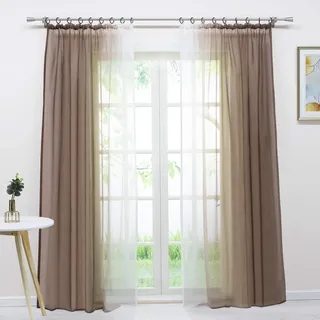 Delien Voile Gardine mit Farbverlauf Design transparenter Vorhang mit Kräuselband Wohnzimmer Fensterschals (2 Stück, je 145x140cm), braun
