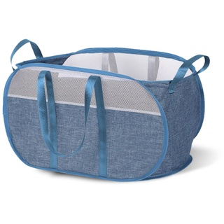 Faltbarer Wäschekorb, Pop Up Wäschetasche Korb Faltbar Wäschekorb für Schmutzige Wäsche Wäschekorb mit Netzstoff für Kleidung Wäsche und Kinderspielzeug 56x33x35cm (Blau)