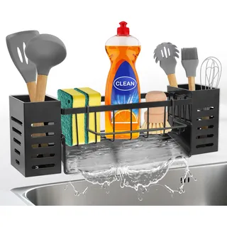 KüChen SpüLbecken Organizer Schwarz Aufbewahrung - Edelstahl Waschbecken Ablage KüChe Schmal SpüLe Ohne Bohren Spuelbecken Wand Schwammhalter mit 2 Korb HäNgend SpüLmittel und Halterung Lappen Holder