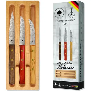 Gemüsemesser Set Premium aus Solingen, Extrascharf, Rostfrei, 3 Gemüsemesser: Mittelspitz, Gerade, Gebogene Klinge – Für Gemüse, Obst, Holzgriff, Deutschland