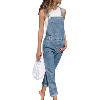 Onsoyours Jeanslatzhose Damen Latzhose Retro Jeanshose Trägerhose Hoseanzug Denim Blumen Overall Gerades Bein Lang Trägerhose Ärmellos Locker mit Taschen - L