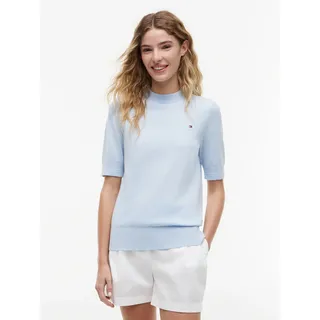 Kurzarmpullover TOMMY HILFIGER "CO JERSEY FINE GG C-NK SS SWT", Damen, Gr. M (40), breezy blau, Feinstrick, Obermaterial: 67% Baumwolle, 33% Polyamid, unifarben, regular fit normal, Rundhals, eingesetzt gerader Abschluss, Pullover, Baumwollmischung, Regular Fit