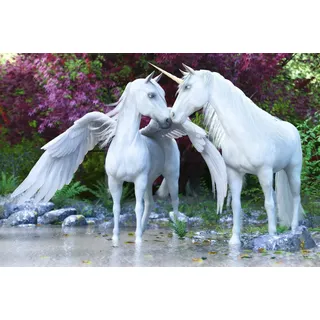 Papermoon Fototapete PAPERMOON "EINHORN-PFERDE FANTASY TIERE PFERD WALD NATUR BÄUME XXL", bunt, B:4,5m L:2,8m, Vlies, Tapeten