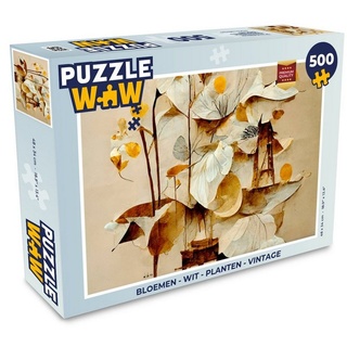MuchoWow Puzzle Blumen - Weiß - Pflanzen - Vintage, 500 Puzzleteile, Foto-Puzzle, Bilderrätsel, Puzzlespiele, Spielzeug bunt