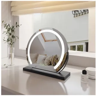 EMKE Kosmetikspiegel mit Beleuchtung Rund Schminkspiegel led Tischspiegel, Schwarz Rahmen 3 Lichtfarben,Dimmbar, 360° Drehbar Ø 40 cm