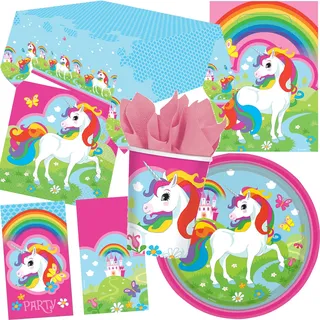 105-teiliges Party-Set * REGENBOGEN-EINHORN * für Kindergeburtstag und Motto-Party // mit Teller + Becher + Servietten + Tischdecke + Einladungen + Partytüten + Luftschlangen + Luftballons // Einhorn