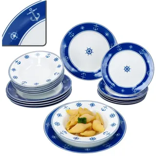 MamboCat Teller-Set MamboCat Ahoi 18tlg Tellerset Porzellan Anker maritimes Geschirr, Porzellan