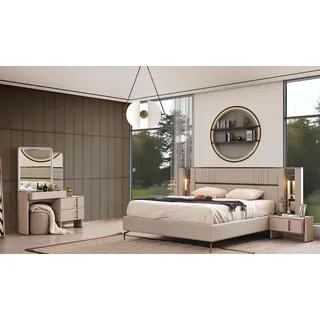 JVmoebel Schlafzimmer-Set Beiges Doppelbett mit Nachttischen und Schminktisch aus Holz und Glas, (4-tlg., 1x Bett + 2x Nachttische + 1x Schminktisch mit Spiegel), Made in Europa beige