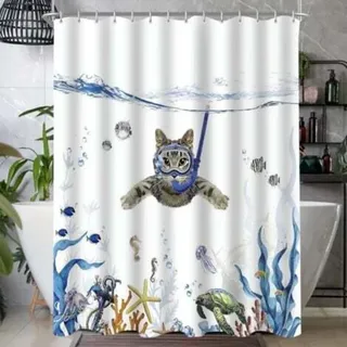 Anti-schimmel-design Mit Schwimmender Katze, Beschwerter Saum, Wasserdicht, Waschbar, Aus Polyestergewebe, Mit 6 Ösen Und Duschvorhangringen