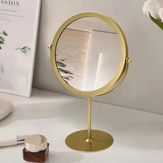 JJUUYOU Schminkspiegel aus Metall mit Ständer, 1x/15-fache Vergrößerung, 360 Grad drehbarer Vergrößerungsspiegel, 17 cm, tragbarer Tischspiegel, Badezimmer, Rasierspiegel, Gold
