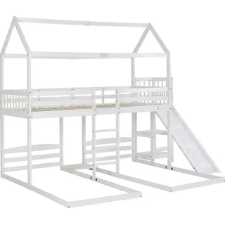 Etagenbett,Hausbett,Kinderbett,mit Rutsche und Dach,Offenes Regal,mit dreistufiger Leiter, Entworfen mit drei Bettpositionen,Rahmen aus Kiefer+MDF