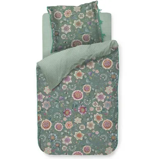 Pip Studio Bettwäsche Viva Las Flores Grün Perkal Blüten Knospen Beeren Schmetterlinge Zweige Geblümt Floral, Größe:155 cm x 220 cm