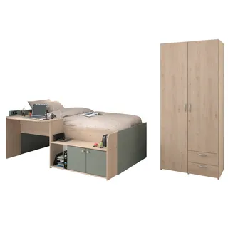 Parisot Hochbett Jade 1 in Seladon Grün und Jackson Eiche (Komplett Set, 2-St., halbhohes Hochbett) Stauraum
