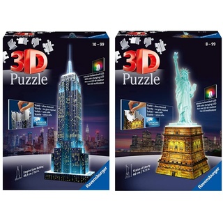 Ravensburger 3D Puzzle Empire State Building bei Nacht, Wahrzeichen von New York im Miniatur-Format & 3D Puzzle Freiheitsstatue bei Nacht, Wahrzeichen von New York im Miniatur-Format
