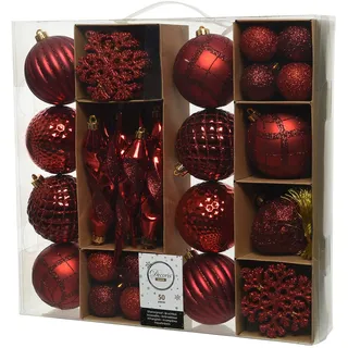Decoris 50er Set bruchfeste Weihnachtskugeln rot aus Kunststoff für innen und außen