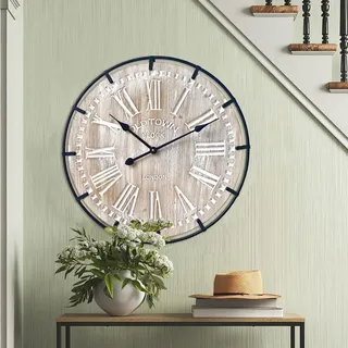 EMAX HOME 61 cm große Bauernhaus-Wanduhr, rustikales antikes Holz mit Metallkreis und großen gravierten Ziffern, leise, batteriebetriebene Wanduhr für Büro, Küche, Schlafzimmer, Wohnzimmer