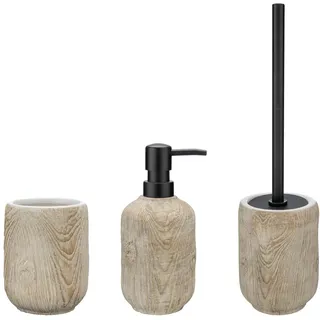 WENKO Bad-Accessoire Set Florio, 3-teilig, Bad Rundum-Set aus 400 ml Seifenspender, Zahnputzbecher und WC-Garnitur, Keramik/Edelstahl, Beige/Schwarz